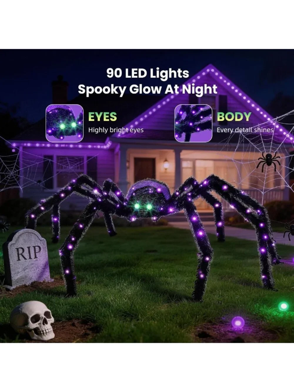 Giant 4.2FT Halloween Spider Decoration with 90 LED Lights for Outdoor Fun